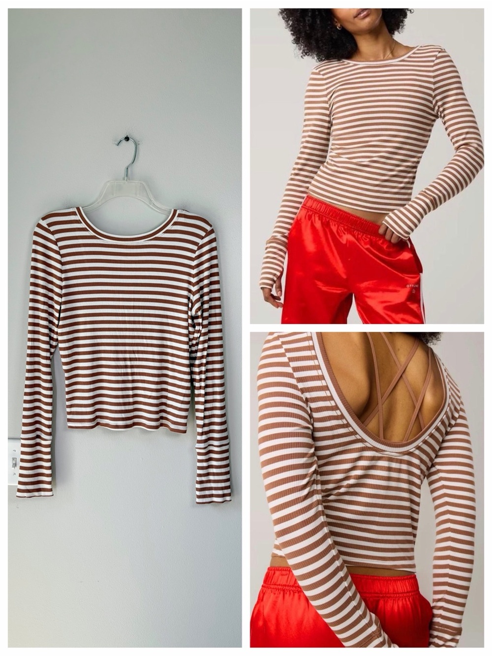OFFLINE By Aerie Brown Striped Thumbs Up Ribbed Scoop Back Long Sleeve T-Shirt